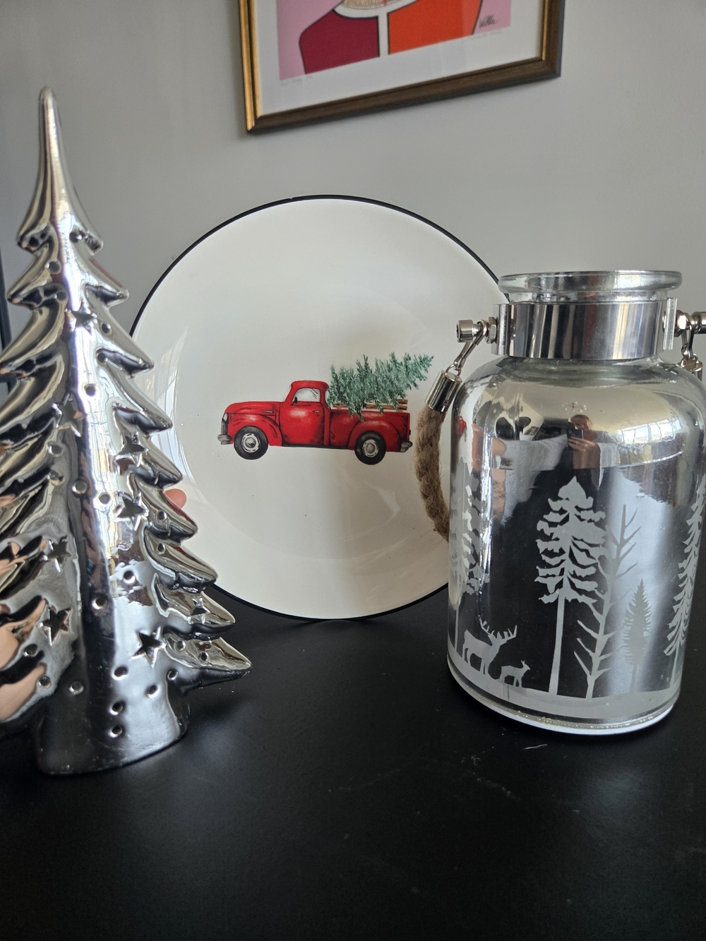 3pc Festive Holiday Decor Bundle | LED Lantern, Silver Tree & Red Truck Plate